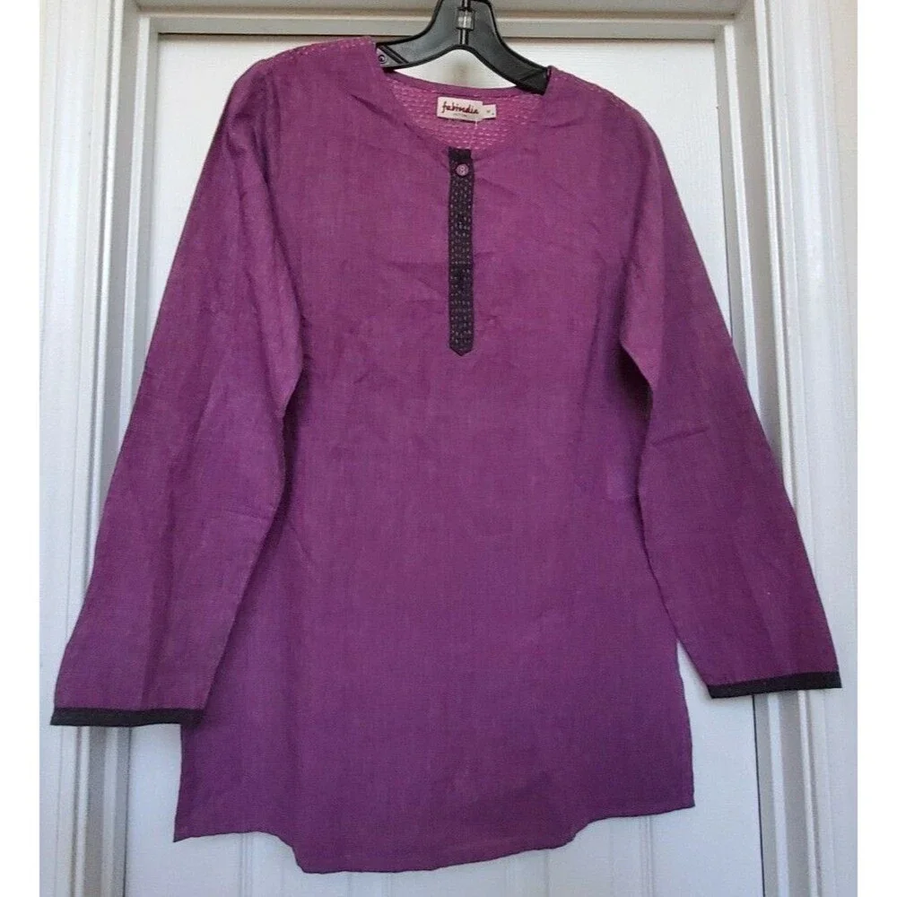 New Fabindia Purple eggplant woven Print Cotton Gota trim Tunic Top shirt sz M